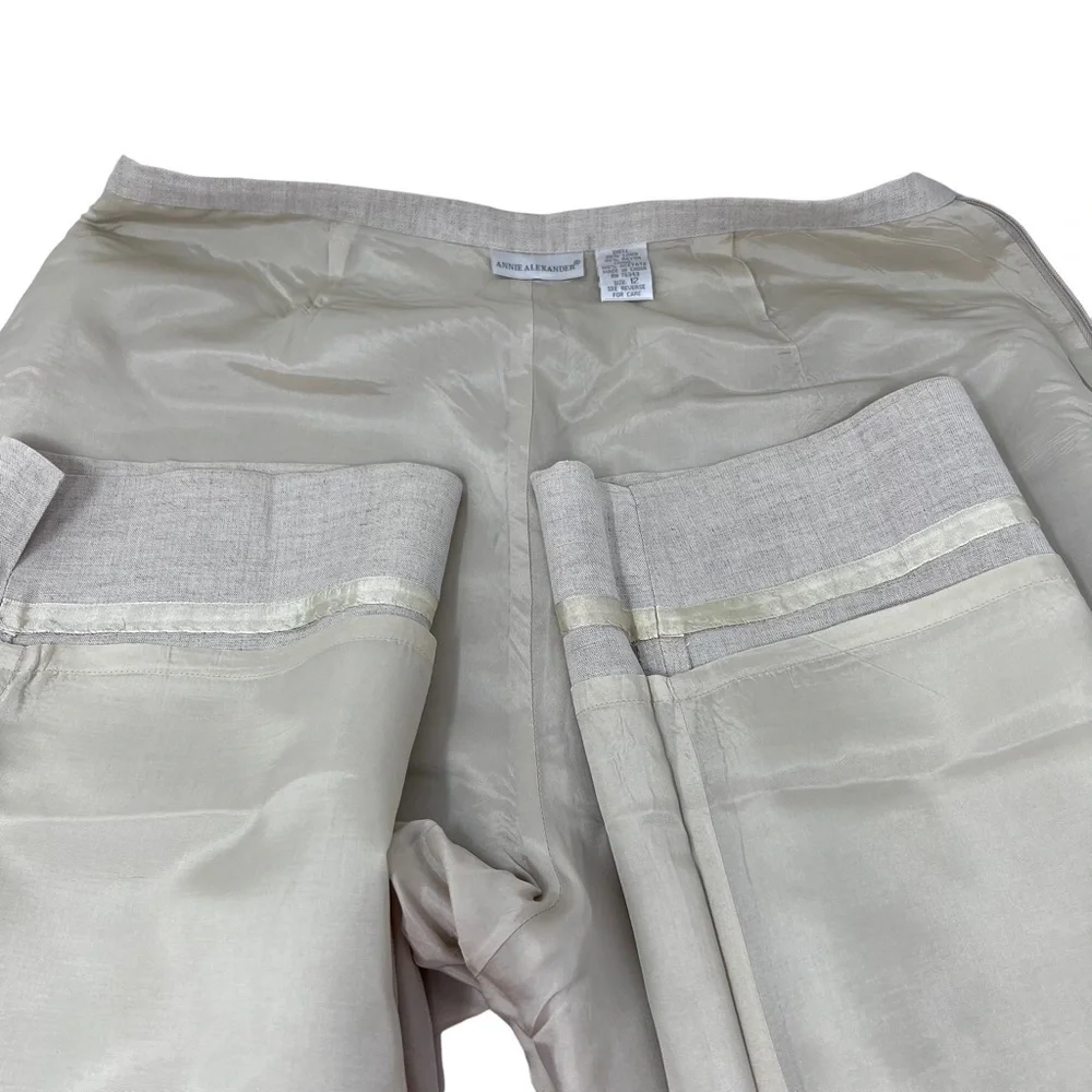 Annie Alexander Wide Leg Cropped Ankle Slacks Size 14 Ivory Linen Side Zip Lined - Picture 10 of 12